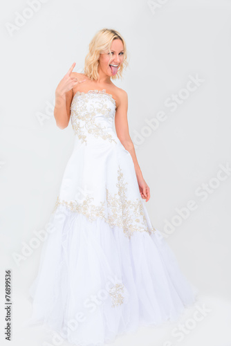 funny portrait of a bride on a white background