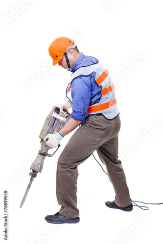 Bilde på lerret worker with pneumatic hammer drill equipment isolated on white