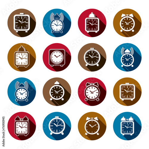 Simple alarm clocks with clock bell, decorative wake up icons co