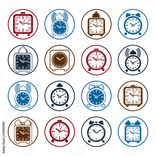 Simple alarm clocks with clock bell, decorative wake up icons co