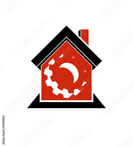 Manufactory conceptual symbol – a house with 3d cog wheel. Ind