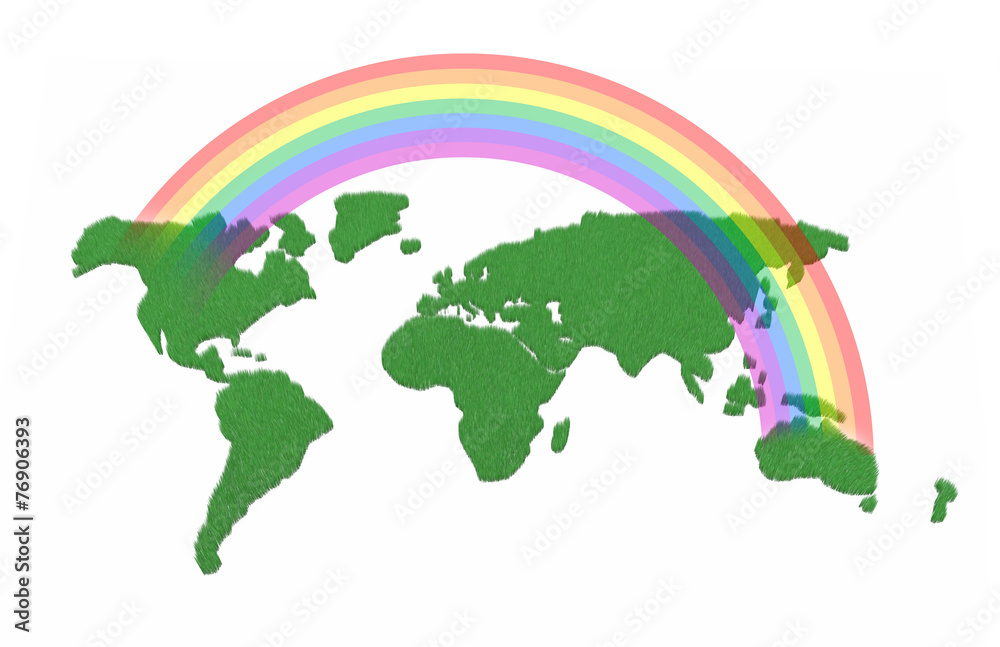 world map made with grass and rainbow over