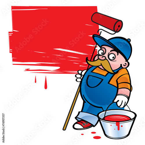 Painter - worker painting the wall in red color