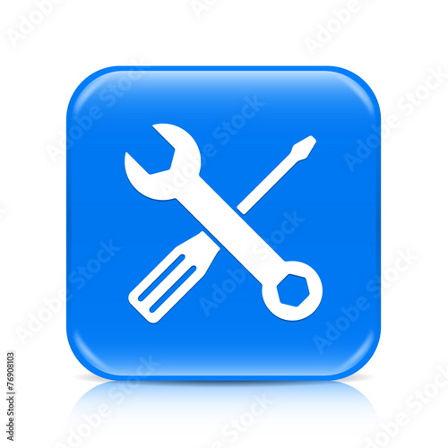 Blue screwdriver & spanner button icon with reflection