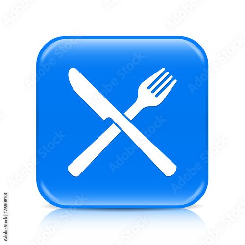 Blue knife and fork button icon with reflection