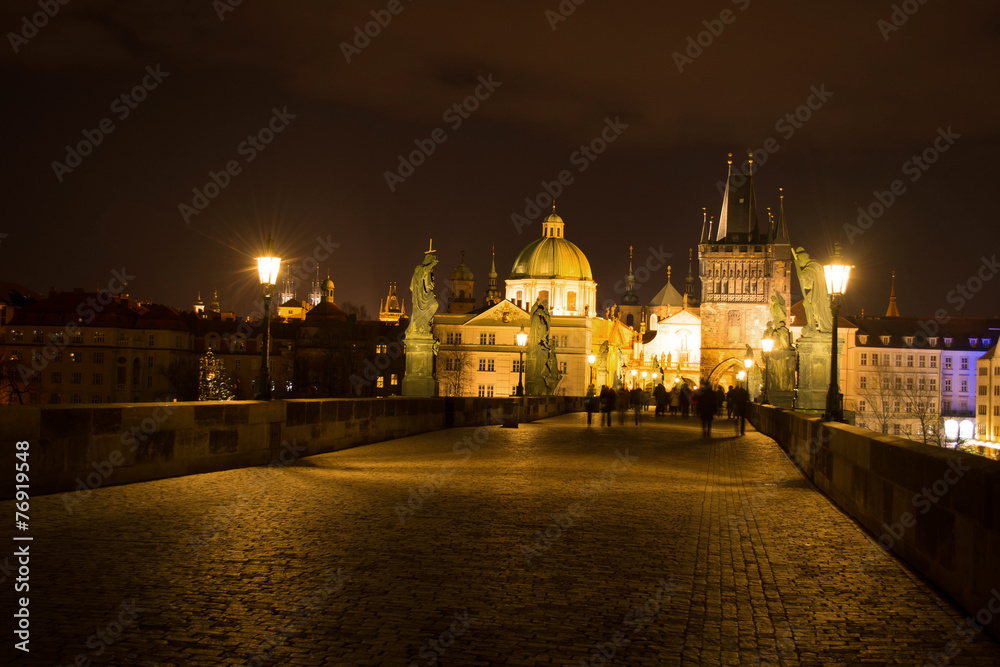 Night photo of  Charles Bridge in Prague
