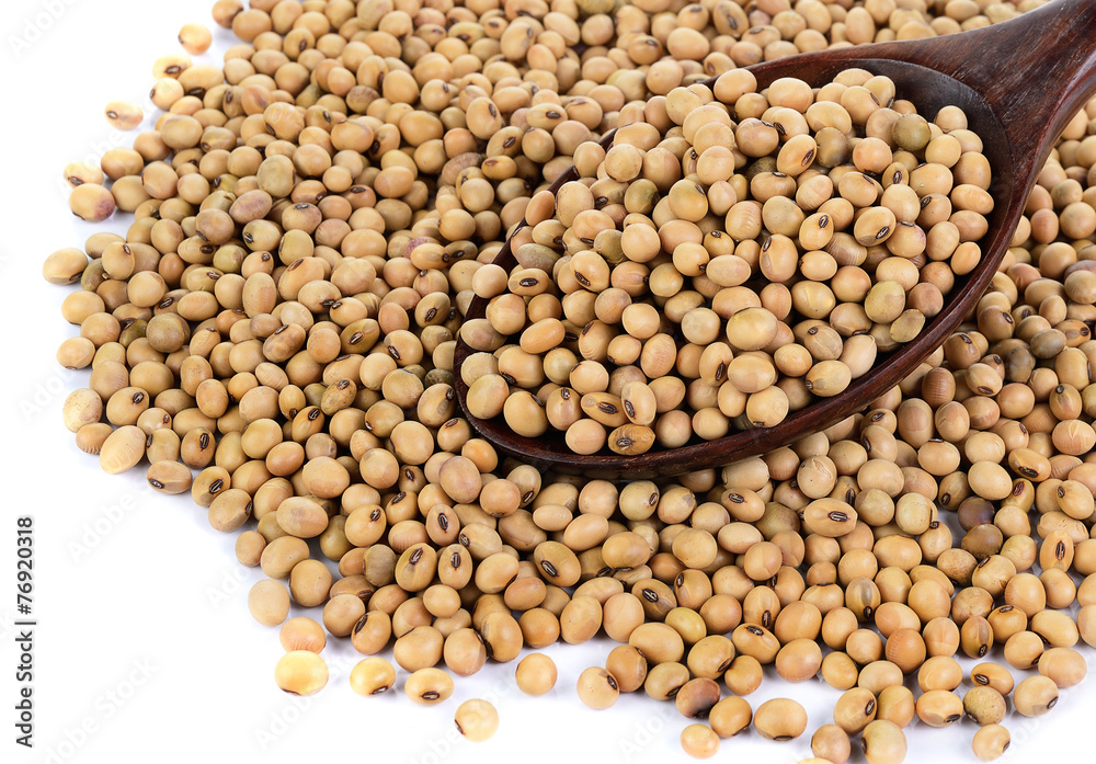 soybeans on wooden spoons top view close up isolated on white soybeans on wooden spoons top view close up isolated on white