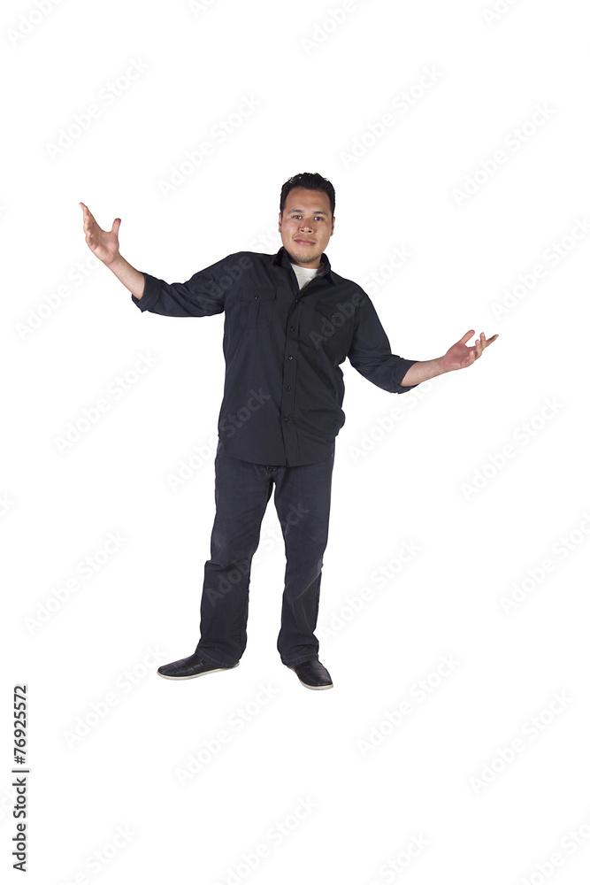 Casual Handsome Hispanic Man with His Hands Up Casual Handsome Hispanic Man with His Hands Up