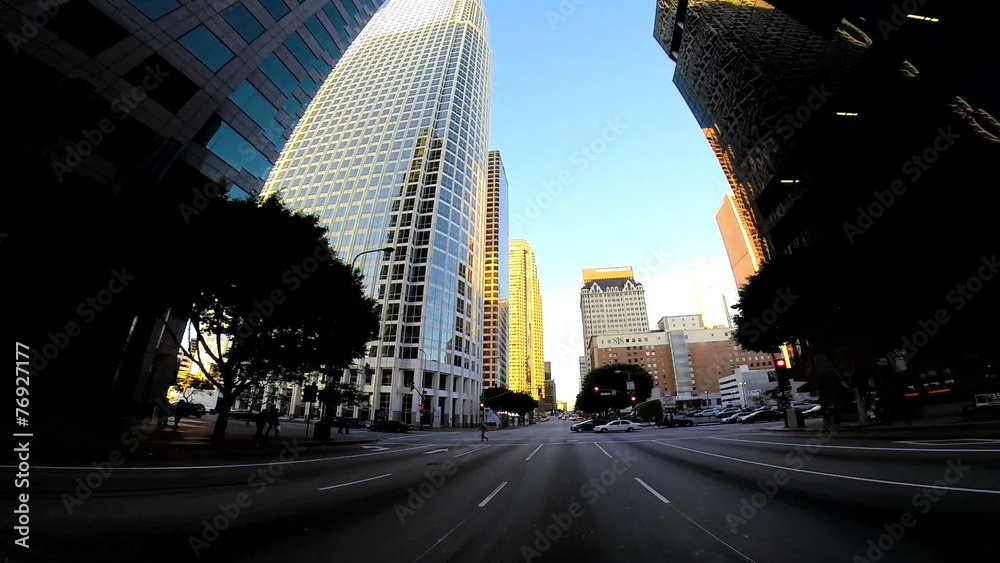 POV wide angle Downtown sunset city driving skyscrapers Los Angeles USA