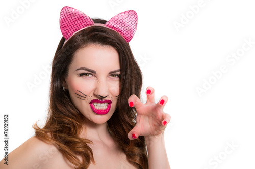Catwoman make-up on attractive hot model. Pink lipstick, nailpol