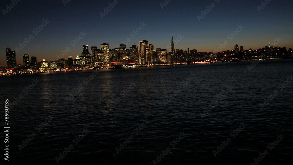 Aerial illuminated night view Port of San Francisco, USA