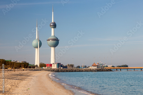 Arabian Gulf beach and Kuwait Towers in Kuwait City