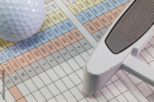 Golf equipments lying on a golf score card