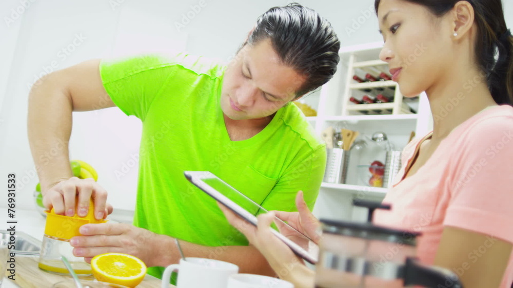 Young Ethnic Couple Enjoying Fresh Breakfast Coffee Juice Young Ethnic Couple Enjoying Fresh Breakfast Coffee Juice