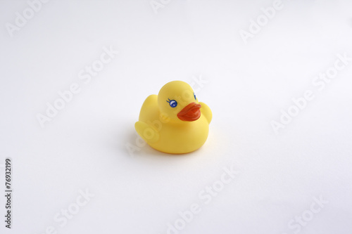 Yellow duck toy isolated on white background