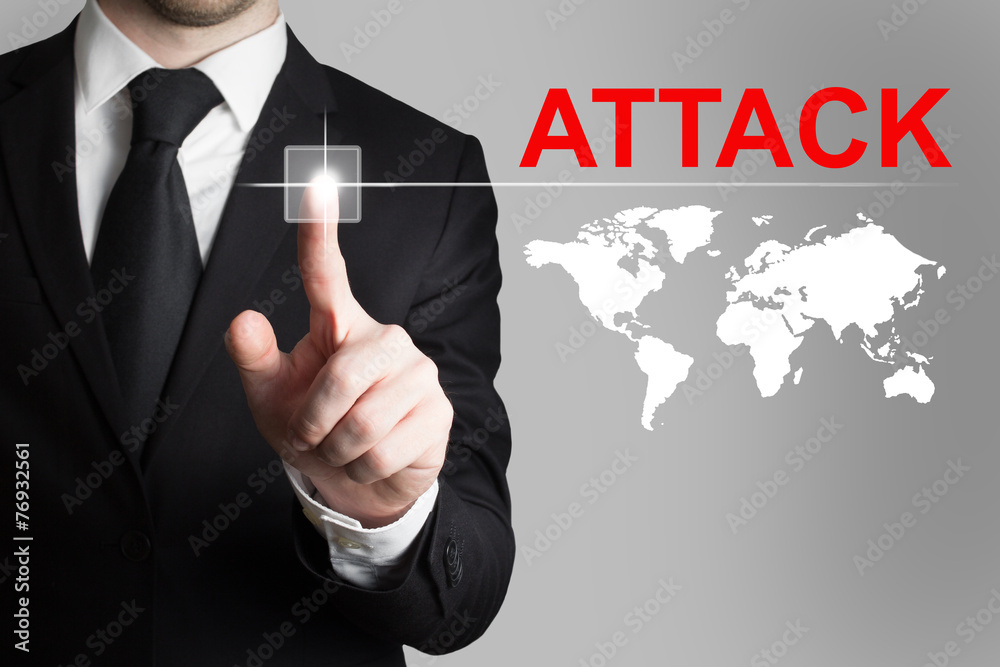 businessman pushing button attack international businessman pushing button attack international