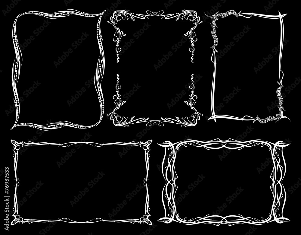 Set of five decorative frames on a black background