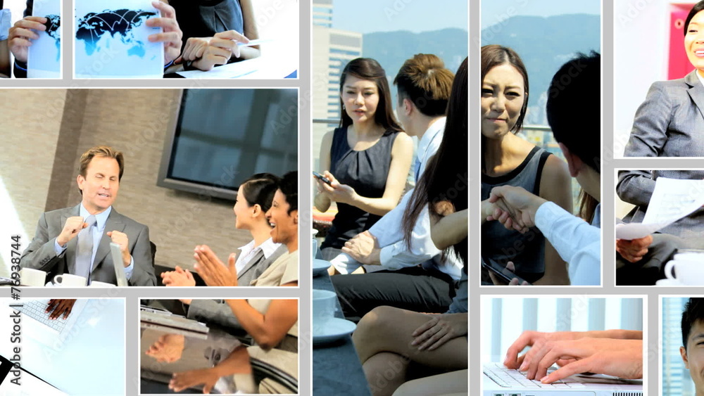 Graphics video montage multi ethnic business teamwork online finance meeting 