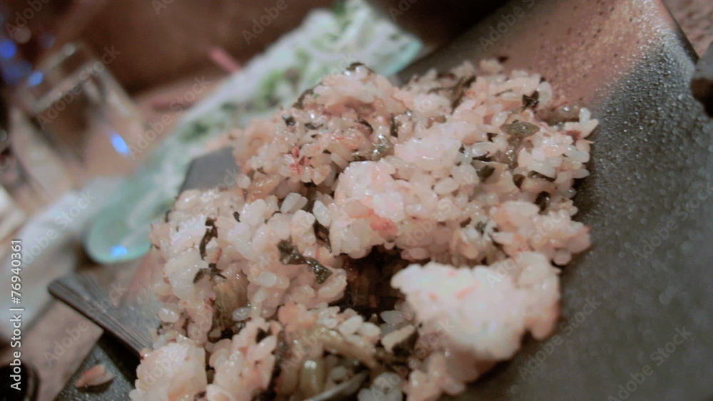 Plated cooked seafood fried rice shrimp prawn octopus lobster Japanese cuisine Plated cooked seafood fried rice shrimp prawn octopus lobster Japanese cuisine