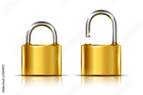 Two icons -- golden padlock in the open and closed position photo