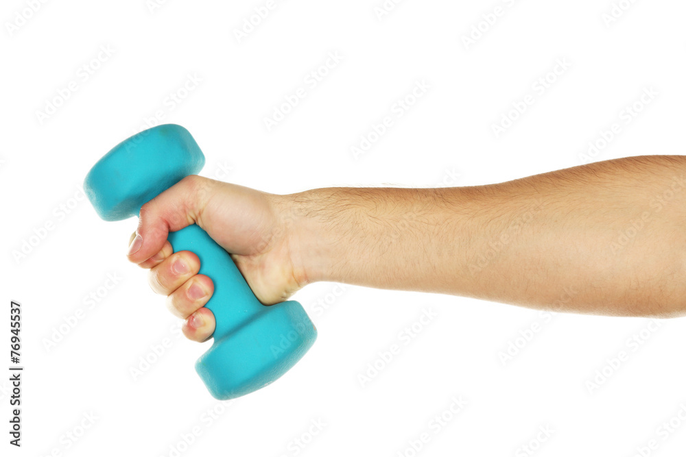 Male hand with dumbbell isolated on white Male hand with dumbbell isolated on white