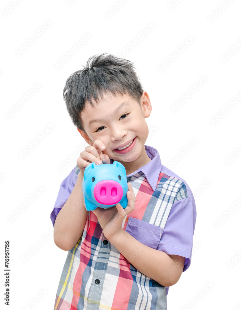 Asian smiling boy with piggy bank isolated on white Asian smiling boy with piggy bank isolated on white