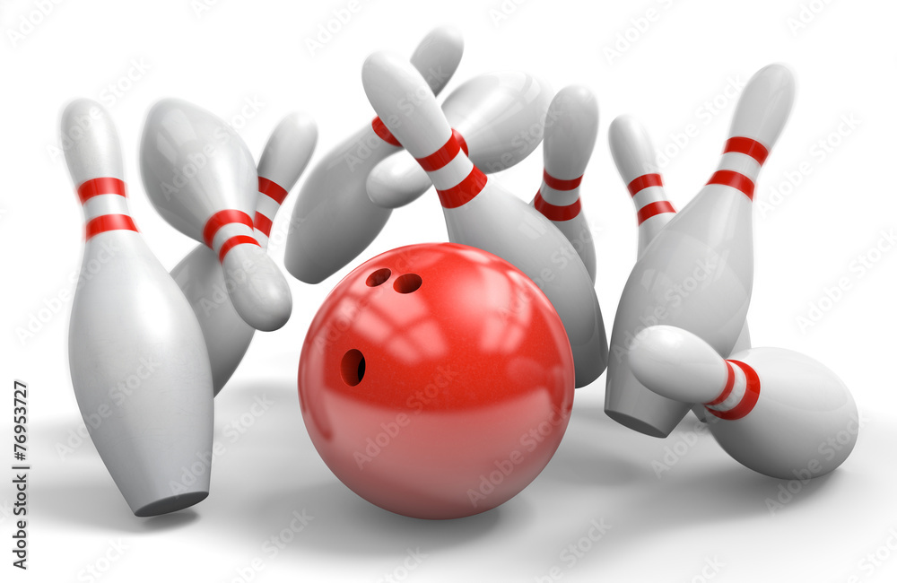 Red bowling ball knocking over pins in a perfect strike