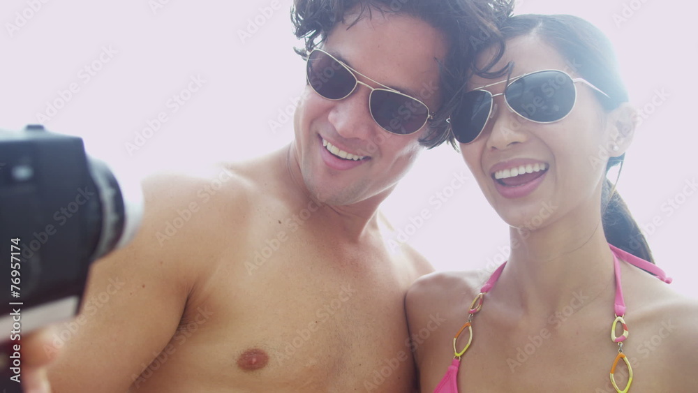 Asian Chinese Young Couple Smiling Filming Selfie Close Up Asian Chinese Young Couple Smiling Filming Selfie Close Up