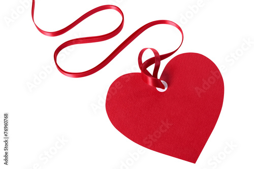 Valentine card gift tag red heart shape with ribbon isolated white photo