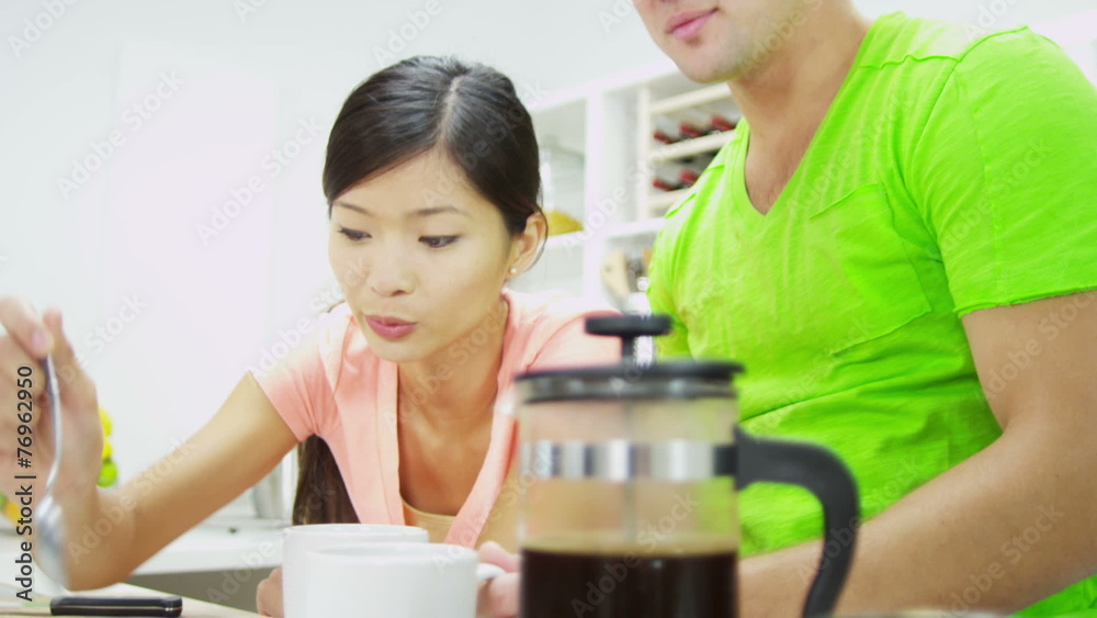 Close Up Ethnic Couple Adding Sugar Fresh Breakfast Coffee Close Up Ethnic Couple Adding Sugar Fresh Breakfast Coffee