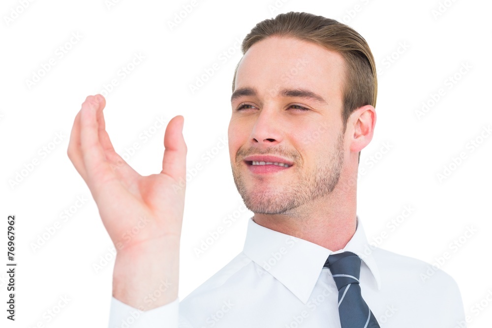 Happy businessman holding his hand up Happy businessman holding his hand up