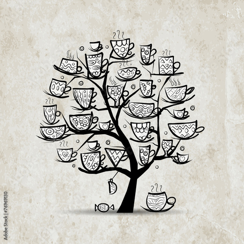 Art tree with mugs and cups. Sketch for your design
