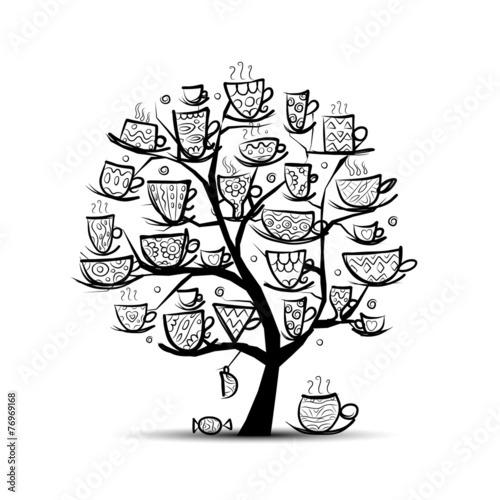 Art tree with mugs and cups. Sketch for your design