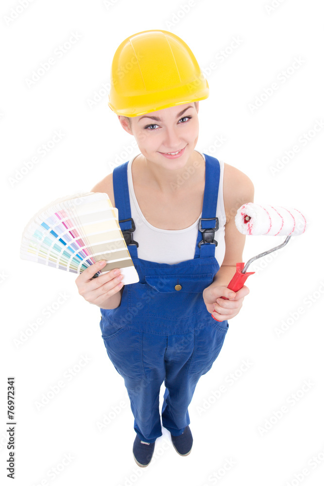funny young attractive woman painter in workwear with colorful p funny young attractive woman painter in workwear with colorful p