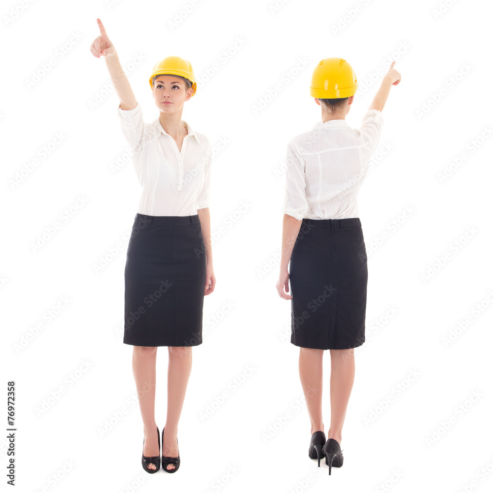 front and rear view of business woman architect in yellow builde