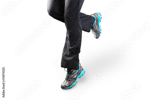 Woman legs running isolated on white background