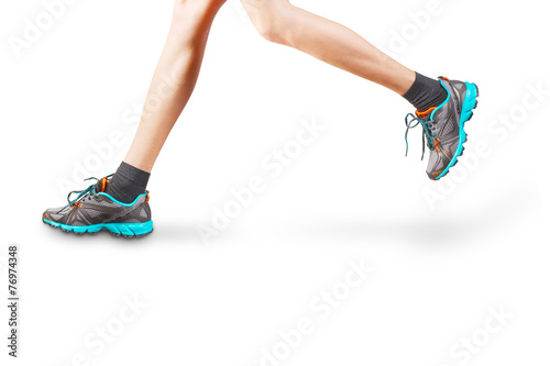 Woman legs running isolated on white background