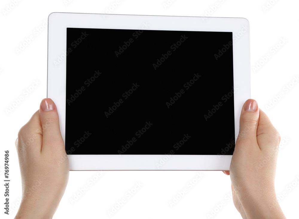 Hands holding tablet PC isolated on white Hands holding tablet PC isolated on white