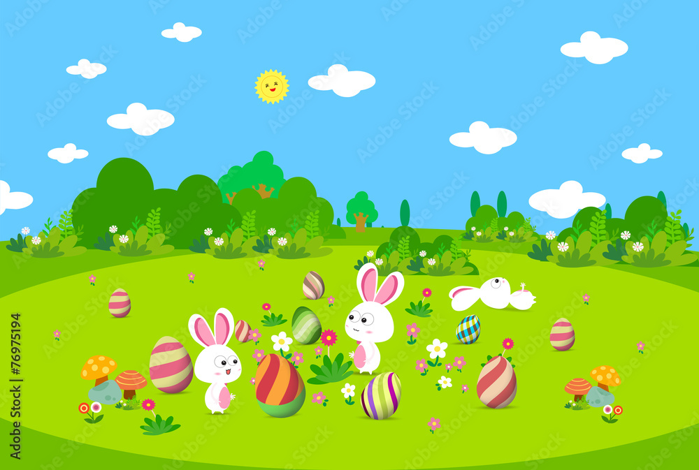 Colorful Easter greeting card with eggs and bunny