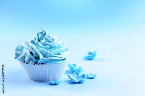 Delicious cupcake on blue  background