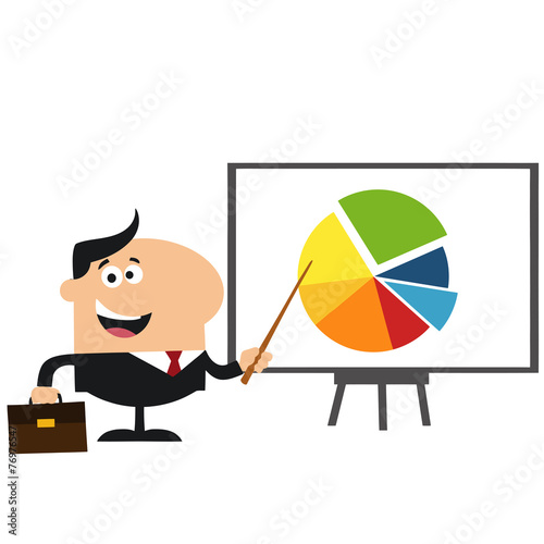 Manager Pointing Progressive Pie Chart On A Board.Flat Style