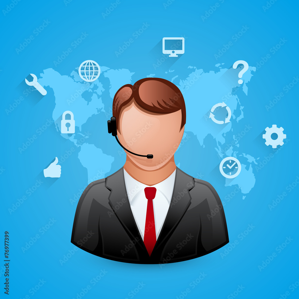Technical support blue background. Man with icons. Technical support blue background. Man with icons.