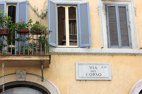 Canvas Print Via del Corso, street plate on a wall in Rome