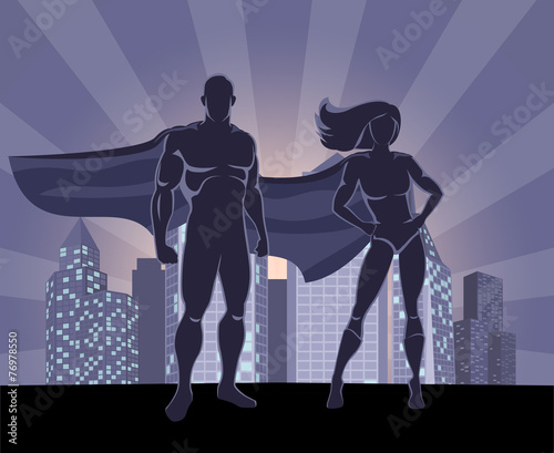Superhero and female superhero silhouettes