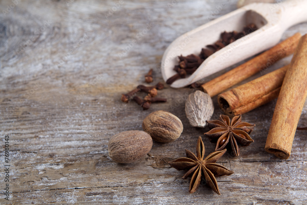 Spices on wooden background.