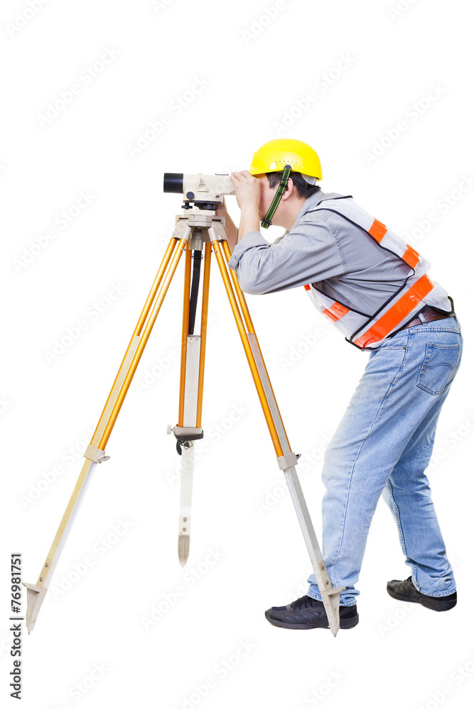 Surveyor worker making measurement  and isolated on white
