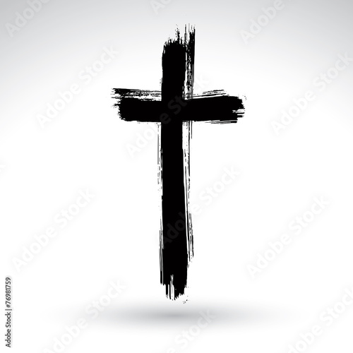 Fotografiet Hand drawn black grunge cross icon, simple Christian cross sign,