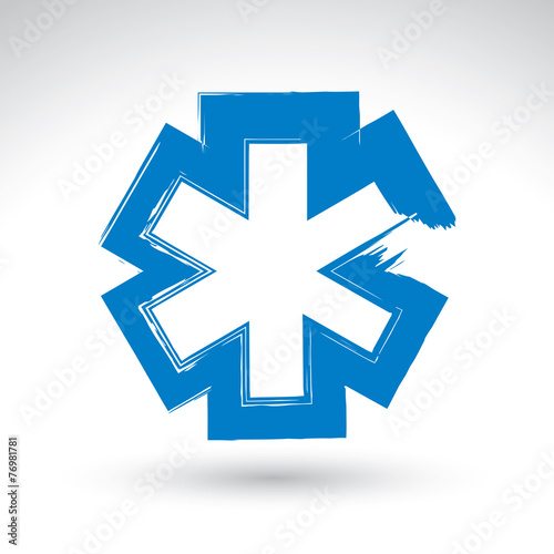 Brush drawing simple blue ambulance symbol, medicine icon, creat