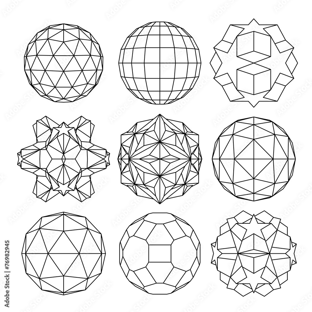 Fototapeta premium Collection of 9 black and white complex dimensional spheres and