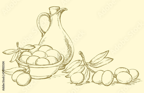 Vector drawing. Still life of oil in jug and olives sprigs